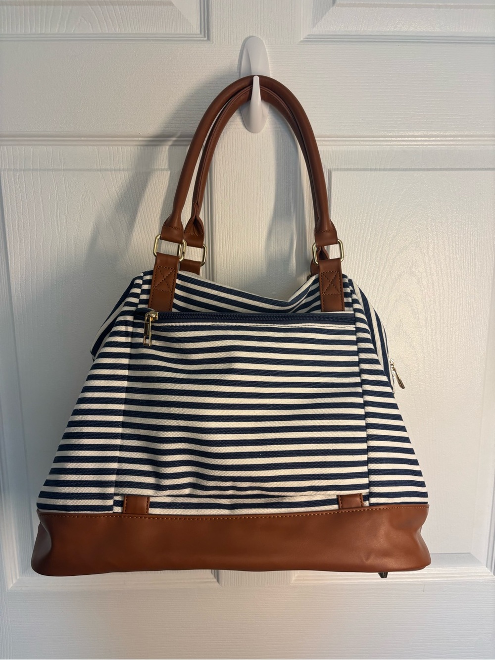 Nautical Stripe Canvas Weekender Duffel Travel Bag Brown Faux Leather